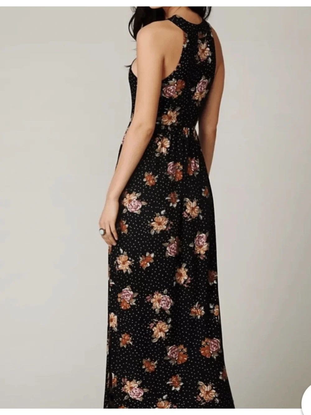 Free People Black Floral Maxi Dress with Orange & Cream Blooms